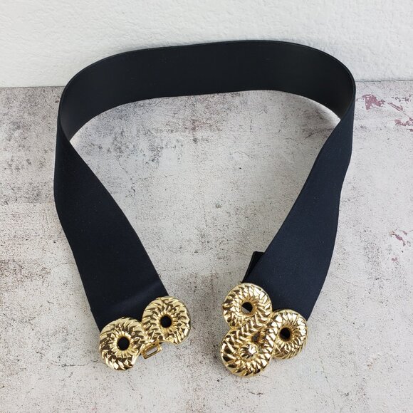 Vintage 80s 90s Wide Statement Belt Black Leather Gold Buckle Adjustable Disco main image 7